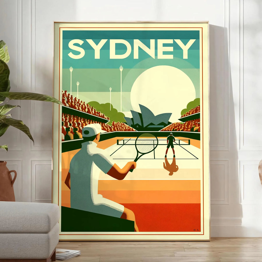 Retro-style illustration of a tennis player in Sydney, featuring muted colors - in a bright minimalist room with a plant and an armchair