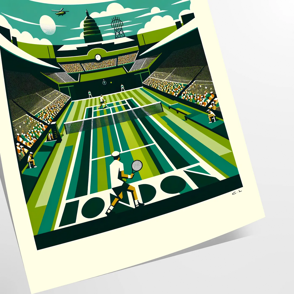 Art Deco style illustration of Wimbledon tennis matches with green and white colors