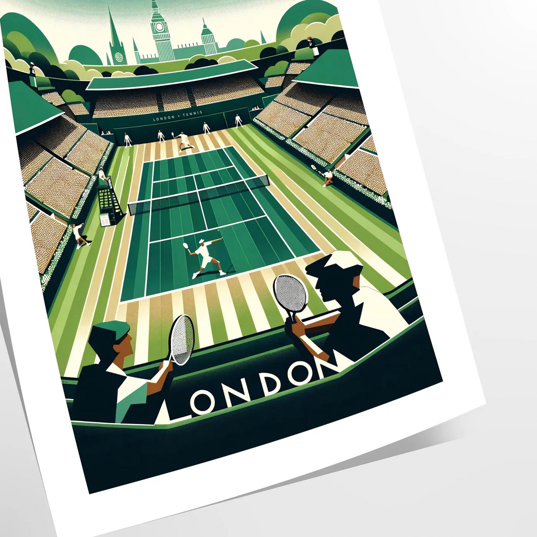 Illustration of tennis players competing at Wimbledon, featuring green grass and white attire - as a rolled, unframed print