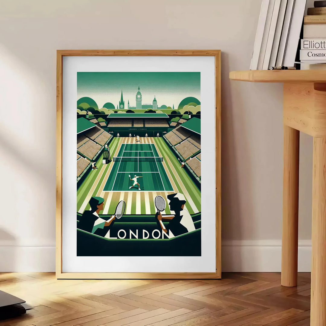 Illustration of tennis players competing at Wimbledon, featuring green grass and white attire - beside a round wooden side table with books