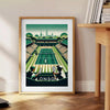 Illustration of tennis players competing at Wimbledon, featuring green grass and white attire - beside a round wooden side table with books
