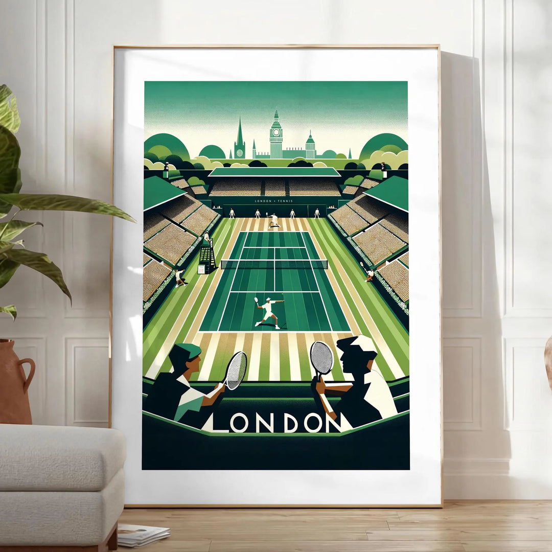 Illustration of tennis players competing at Wimbledon, featuring green grass and white attire - in a bright minimalist room with a plant and an armchair