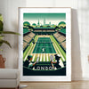 Illustration of tennis players competing at Wimbledon, featuring green grass and white attire - in a bright minimalist room with a plant and an armchair