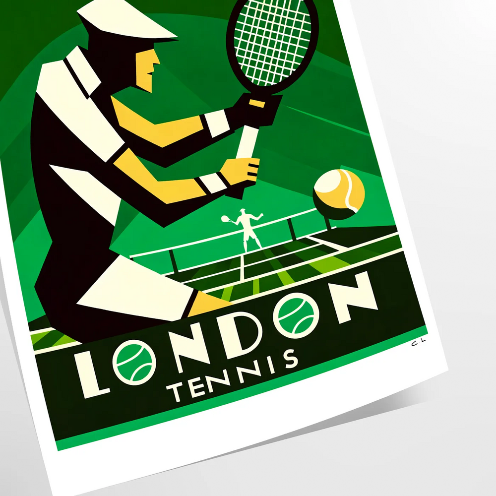 Art Deco illustration featuring tennis players at Wimbledon, with green and cream tones