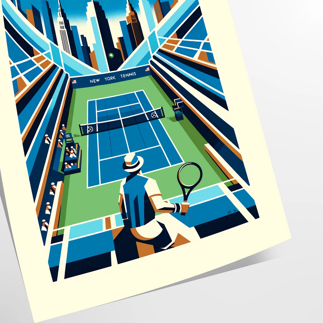 Dynamic tennis action set against a New York City skyline - as a rolled, unframed print