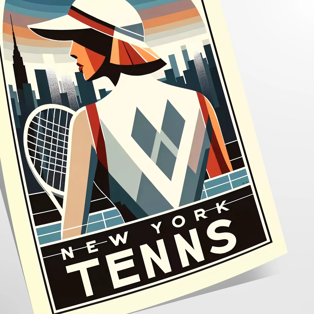 Art Deco illustration of a woman playing tennis in New York