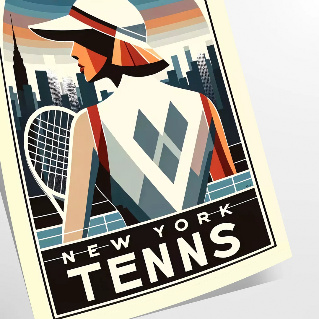 Art Deco illustration of a woman playing tennis in New York - as a rolled, unframed print