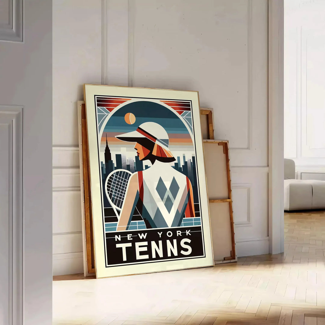 Art Deco illustration of a woman playing tennis in New York - leaning on a herringbone floor against a white panelled wall