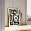 Art Deco illustration of a woman playing tennis in New York - leaning on a herringbone floor against a white panelled wall