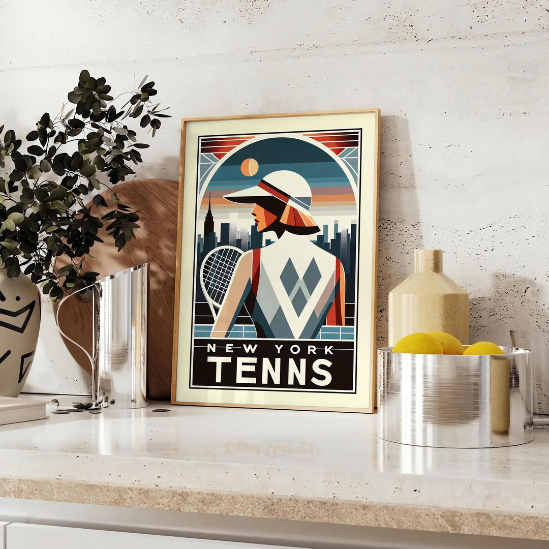 Art Deco illustration of a woman playing tennis in New York - styled on a counter with eucalyptus and a bowl of lemons