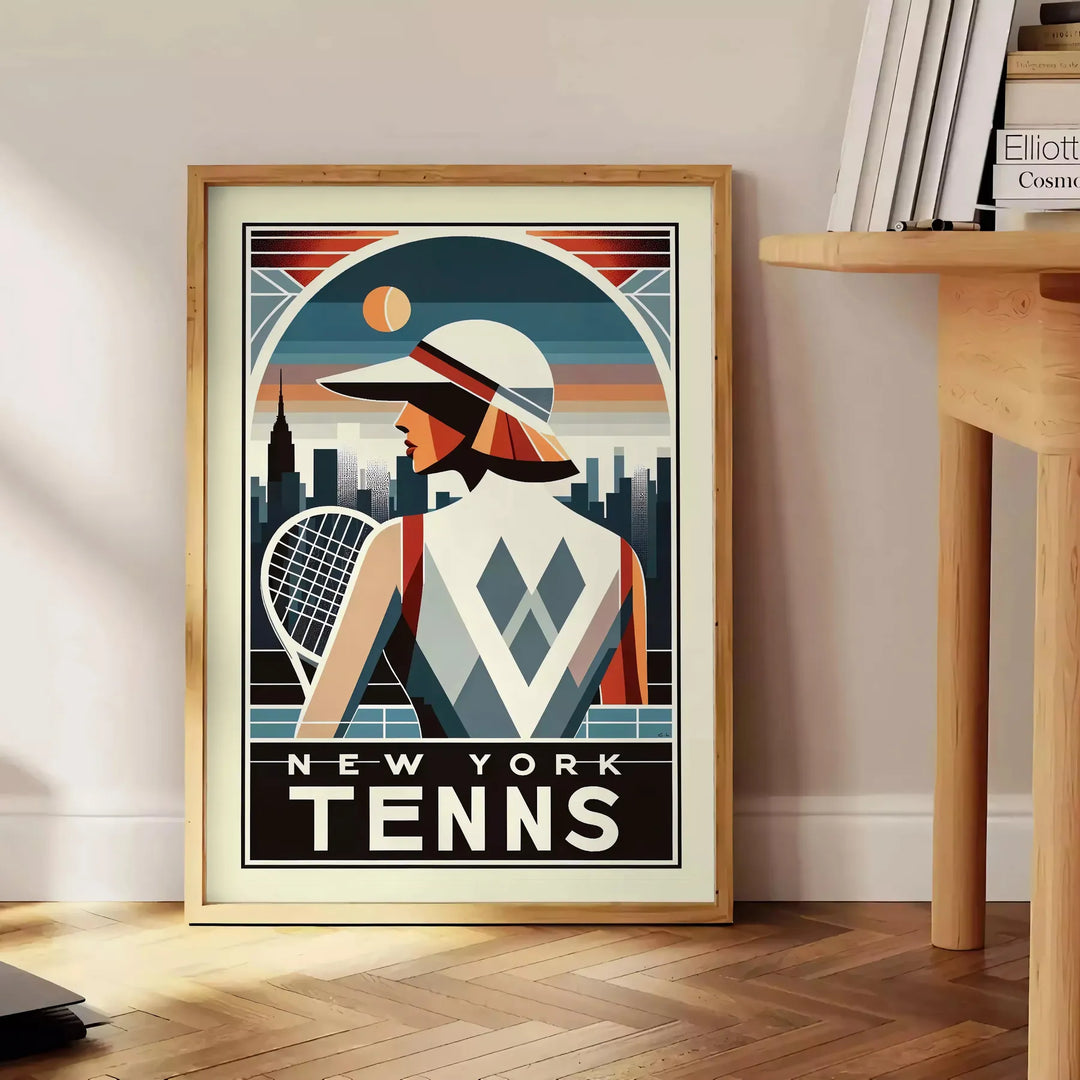 Art Deco illustration of a woman playing tennis in New York - beside a round wooden side table with books