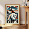 Art Deco illustration of a woman playing tennis in New York - beside a round wooden side table with books