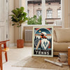 Art Deco illustration of a woman playing tennis in New York - in a Parisian living room with a sofa and a fig plant