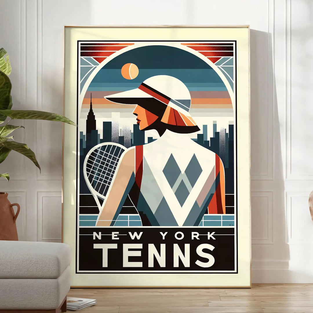 Art Deco illustration of a woman playing tennis in New York - in a bright minimalist room with a plant and an armchair