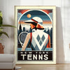 Art Deco illustration of a woman playing tennis in New York - in a bright minimalist room with a plant and an armchair