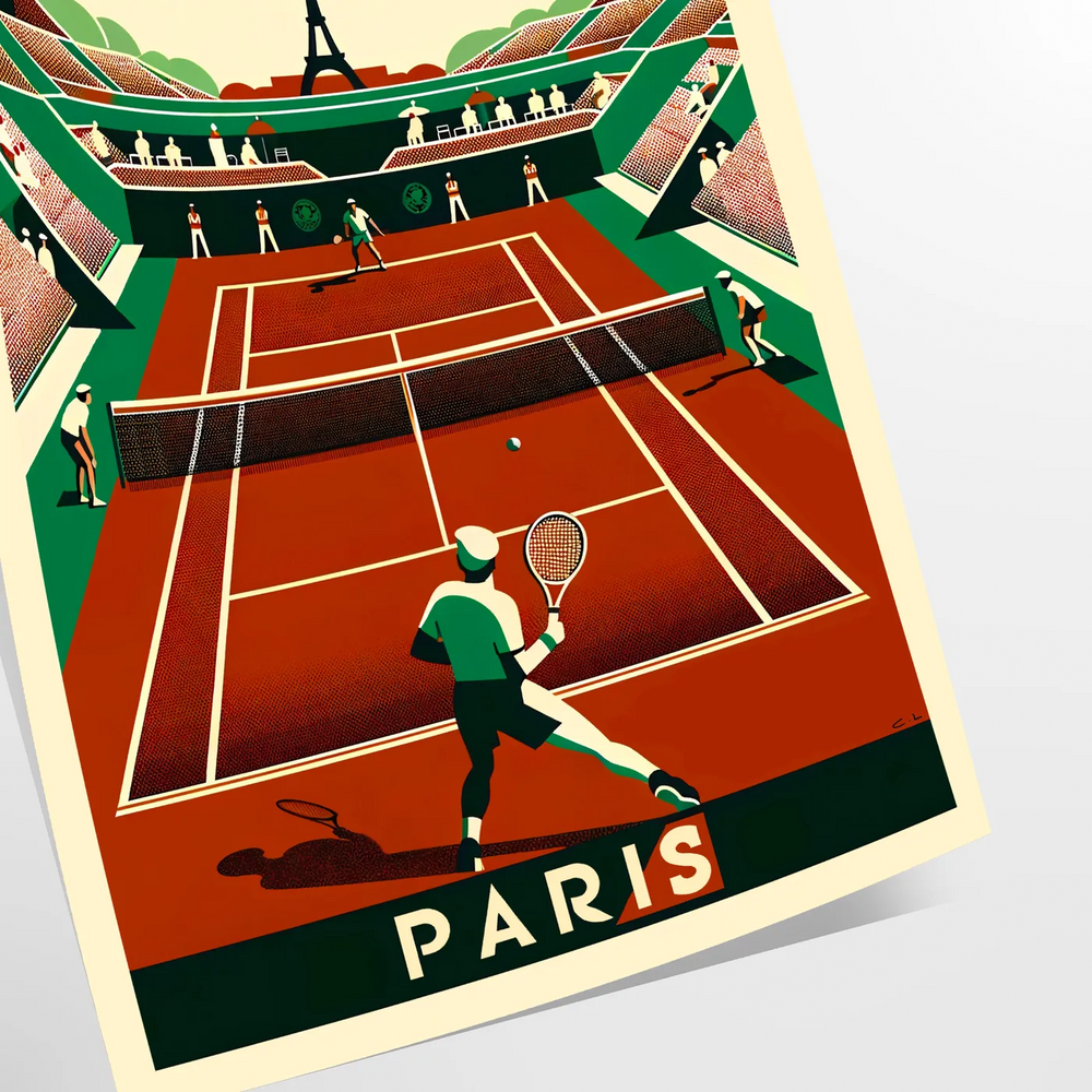 Art Deco style tennis scene in Paris with iconic landmarks