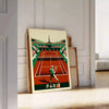 Art Deco style tennis scene in Paris with iconic landmarks - leaning on a herringbone floor against a white panelled wall
