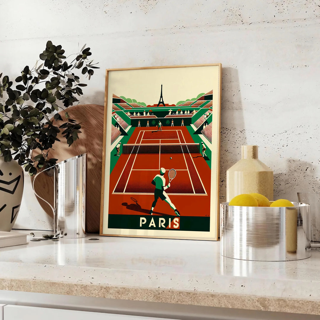 Art Deco style tennis scene in Paris with iconic landmarks - styled on a counter with eucalyptus and a bowl of lemons