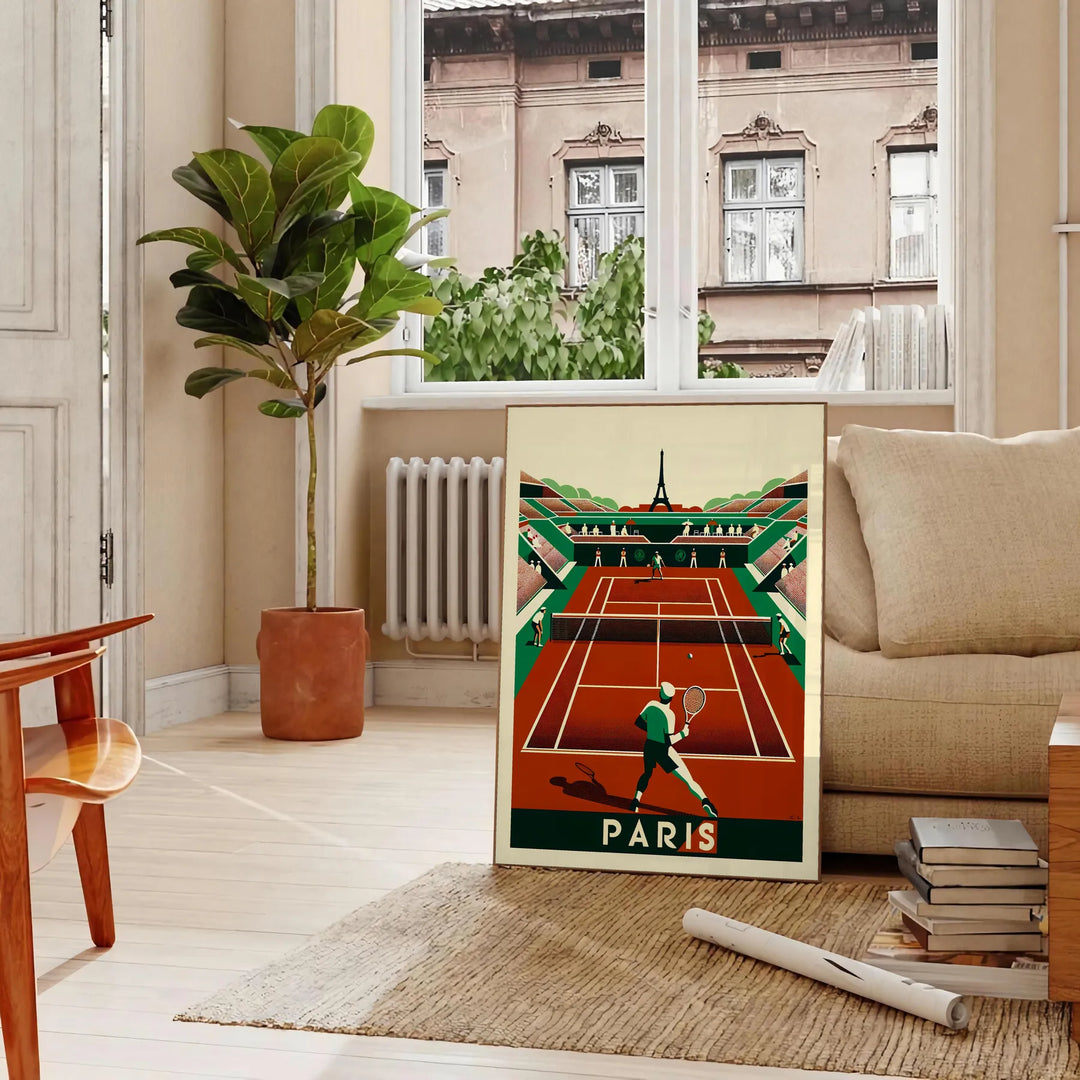 Art Deco style tennis scene in Paris with iconic landmarks - in a Parisian living room with a sofa and a fig plant