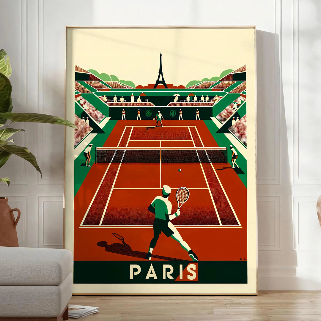 Art Deco style tennis scene in Paris with iconic landmarks - in a bright minimalist room with a plant and an armchair