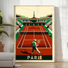 Art Deco style tennis scene in Paris with iconic landmarks - in a bright minimalist room with a plant and an armchair