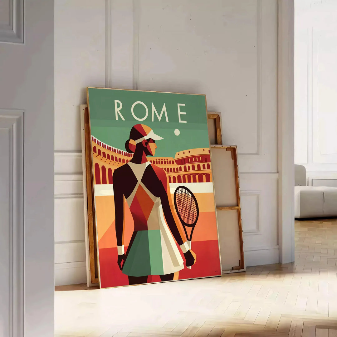 A tennis player in action, wearing a red and white outfit, set against a green court. - leaning on a herringbone floor against a white panelled wall