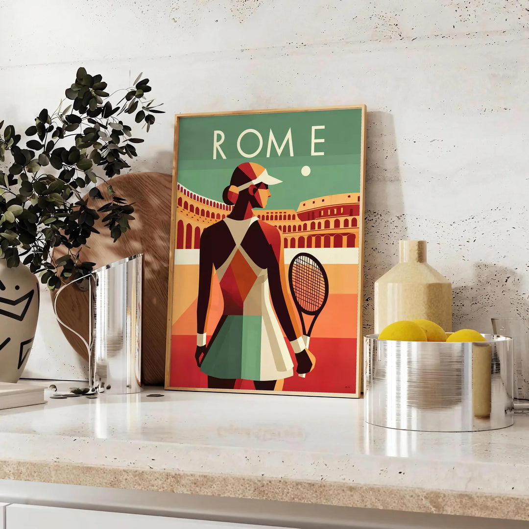 A tennis player in action, wearing a red and white outfit, set against a green court. - styled on a counter with eucalyptus and a bowl of lemons