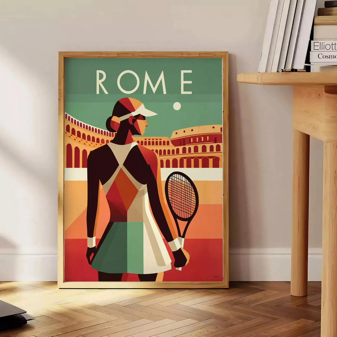 A tennis player in action, wearing a red and white outfit, set against a green court. - beside a round wooden side table with books