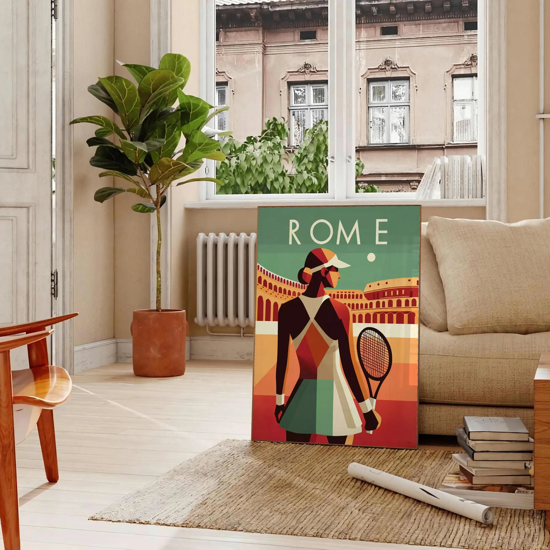 A tennis player in action, wearing a red and white outfit, set against a green court. - in a Parisian living room with a sofa and a fig plant
