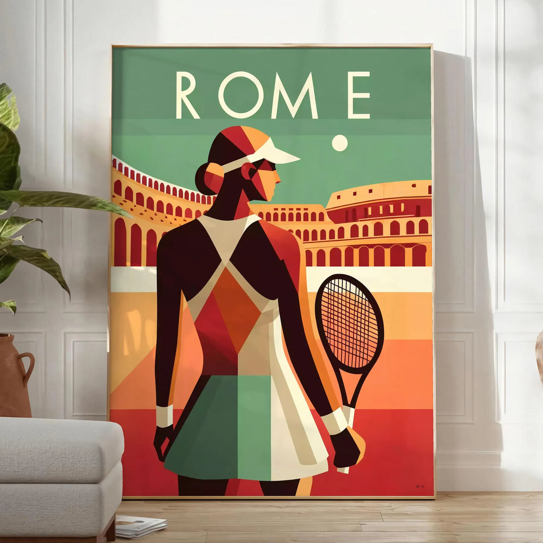 A tennis player in action, wearing a red and white outfit, set against a green court. - in a bright minimalist room with a plant and an armchair