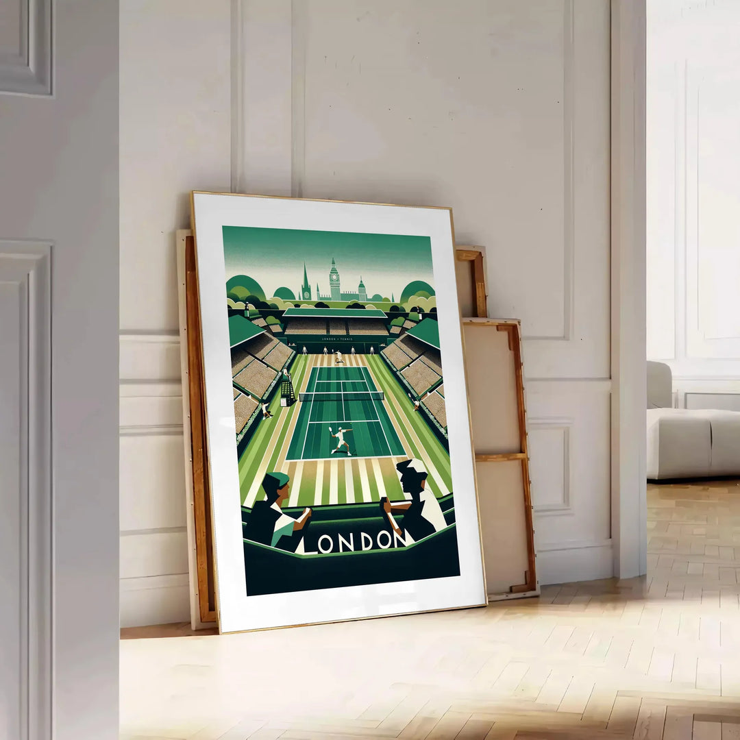 Retro illustration of Wimbledon tennis with green grass courts and players - leaning on a herringbone floor against a white panelled wall