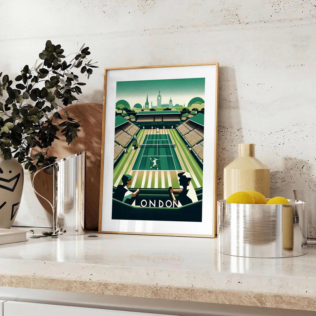 Retro illustration of Wimbledon tennis with green grass courts and players - styled on a counter with eucalyptus and a bowl of lemons