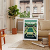 Retro illustration of Wimbledon tennis with green grass courts and players - in a Parisian living room with a sofa and a fig plant