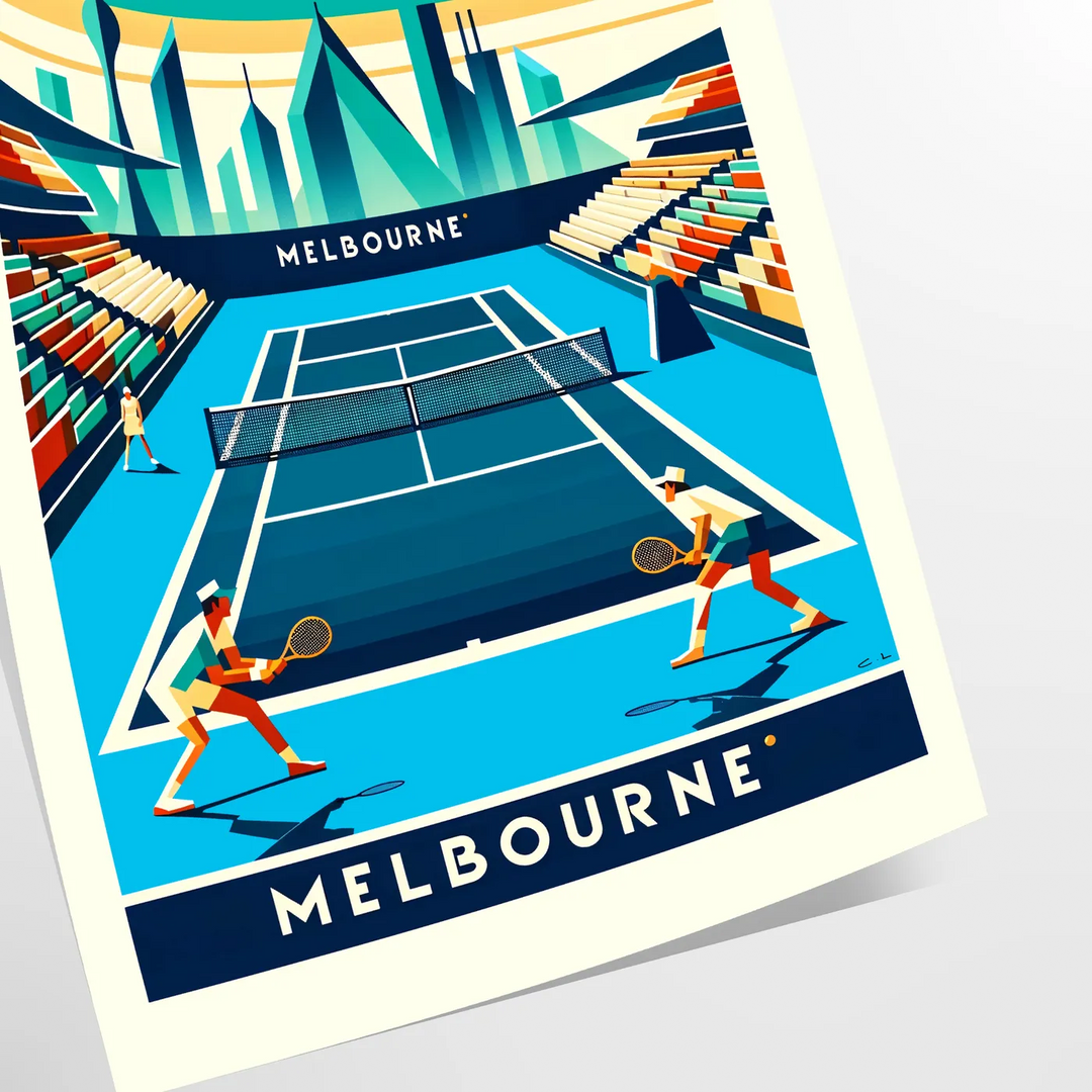 Retro illustration of tennis players at the Melbourne Australian Open - as a rolled, unframed print