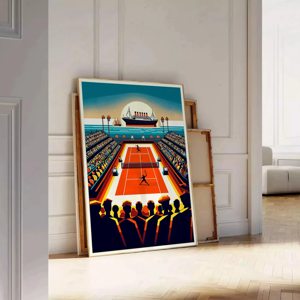 Illustration of a tennis match aboard the Titanic, featuring players in period attire