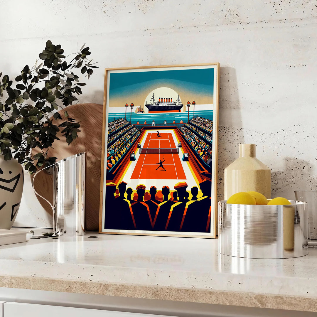 Illustration of a tennis match aboard the Titanic, featuring players in period attire - styled on a counter with eucalyptus and a bowl of lemons