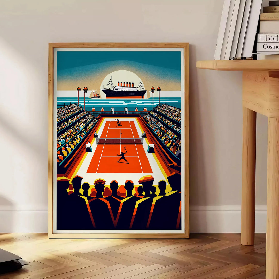 Illustration of a tennis match aboard the Titanic, featuring players in period attire - beside a round wooden side table with books