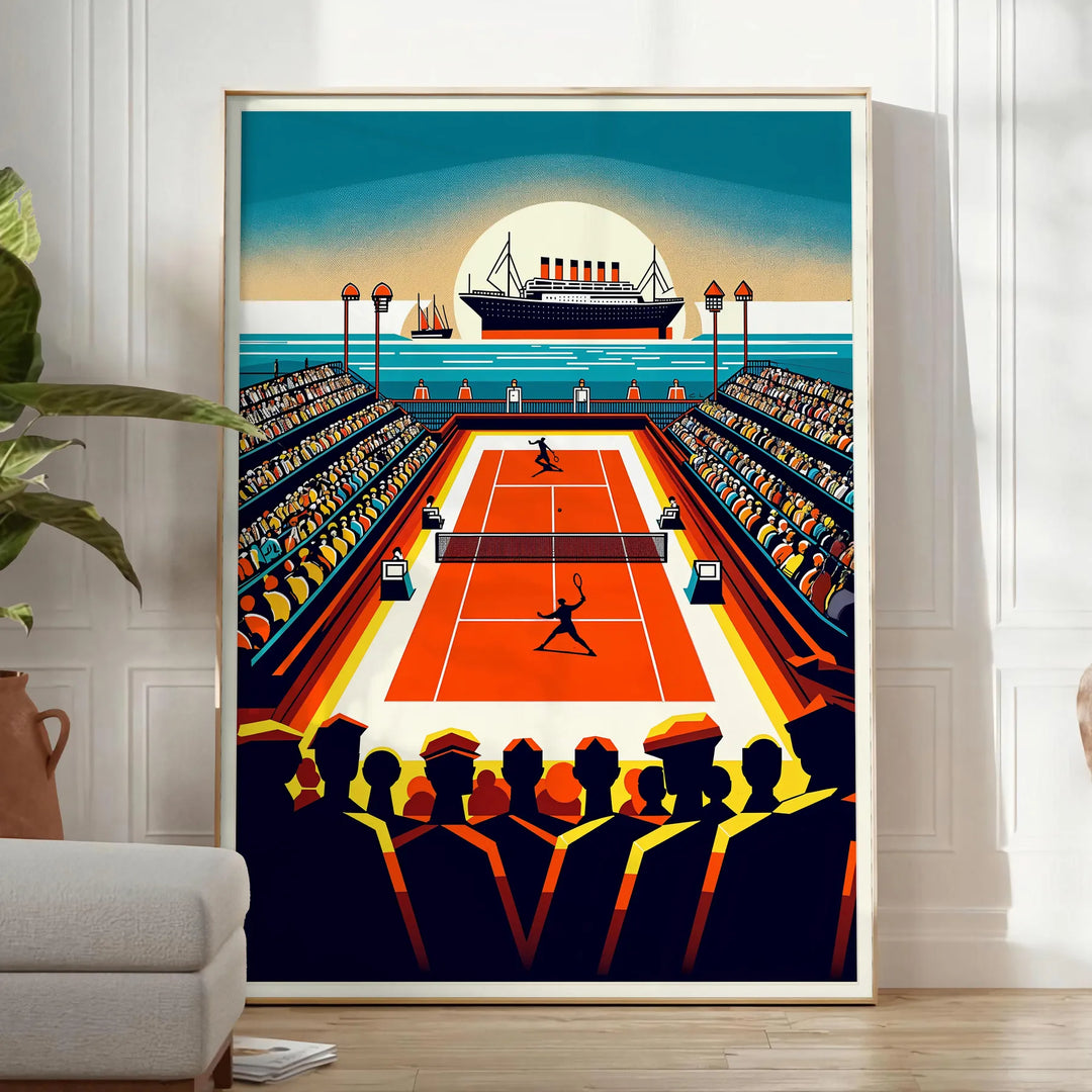 Illustration of a tennis match aboard the Titanic, featuring players in period attire - in a bright minimalist room with a plant and an armchair