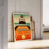 Art Deco poster featuring a tennis player aboard the Titanic - leaning on a herringbone floor against a white panelled wall