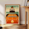 Art Deco poster featuring a tennis player aboard the Titanic - beside a round wooden side table with books