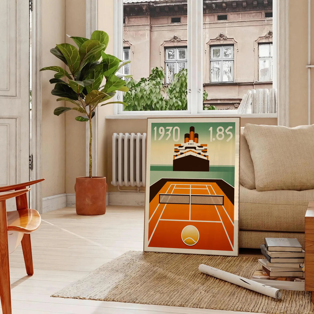 Art Deco poster featuring a tennis player aboard the Titanic - in a Parisian living room with a sofa and a fig plant