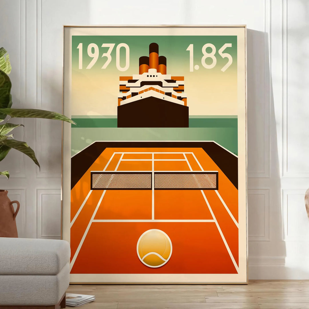 Art Deco poster featuring a tennis player aboard the Titanic - in a bright minimalist room with a plant and an armchair