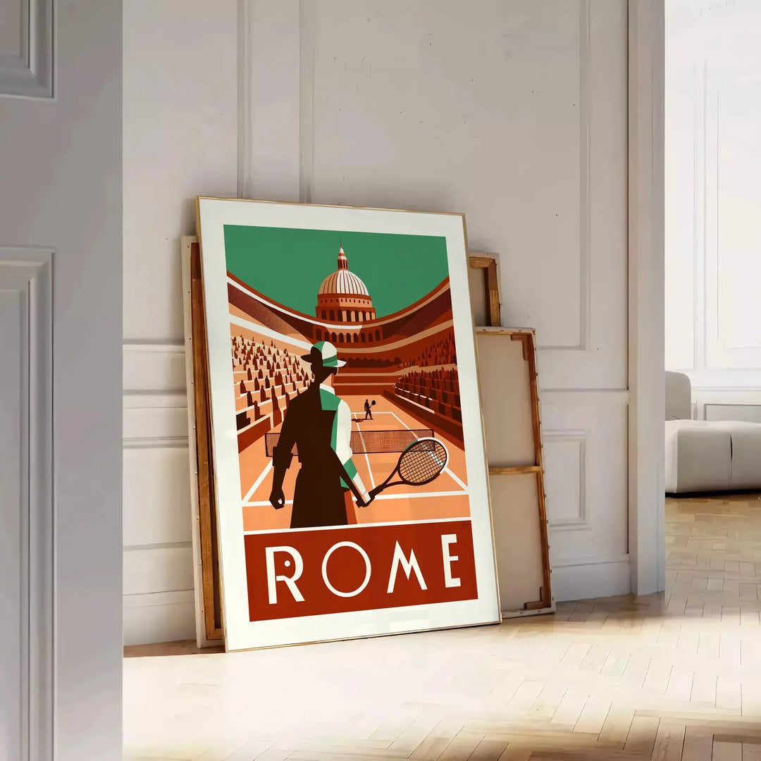 Illustration of tennis players in action at the Roma Tennis tournament - leaning on a herringbone floor against a white panelled wall
