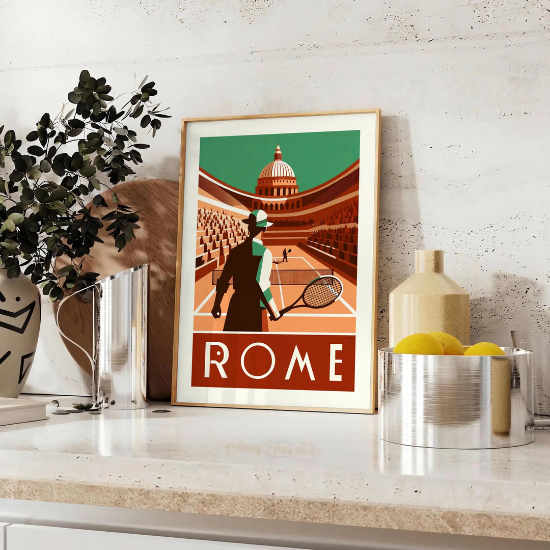 Illustration of tennis players in action at the Roma Tennis tournament - styled on a counter with eucalyptus and a bowl of lemons
