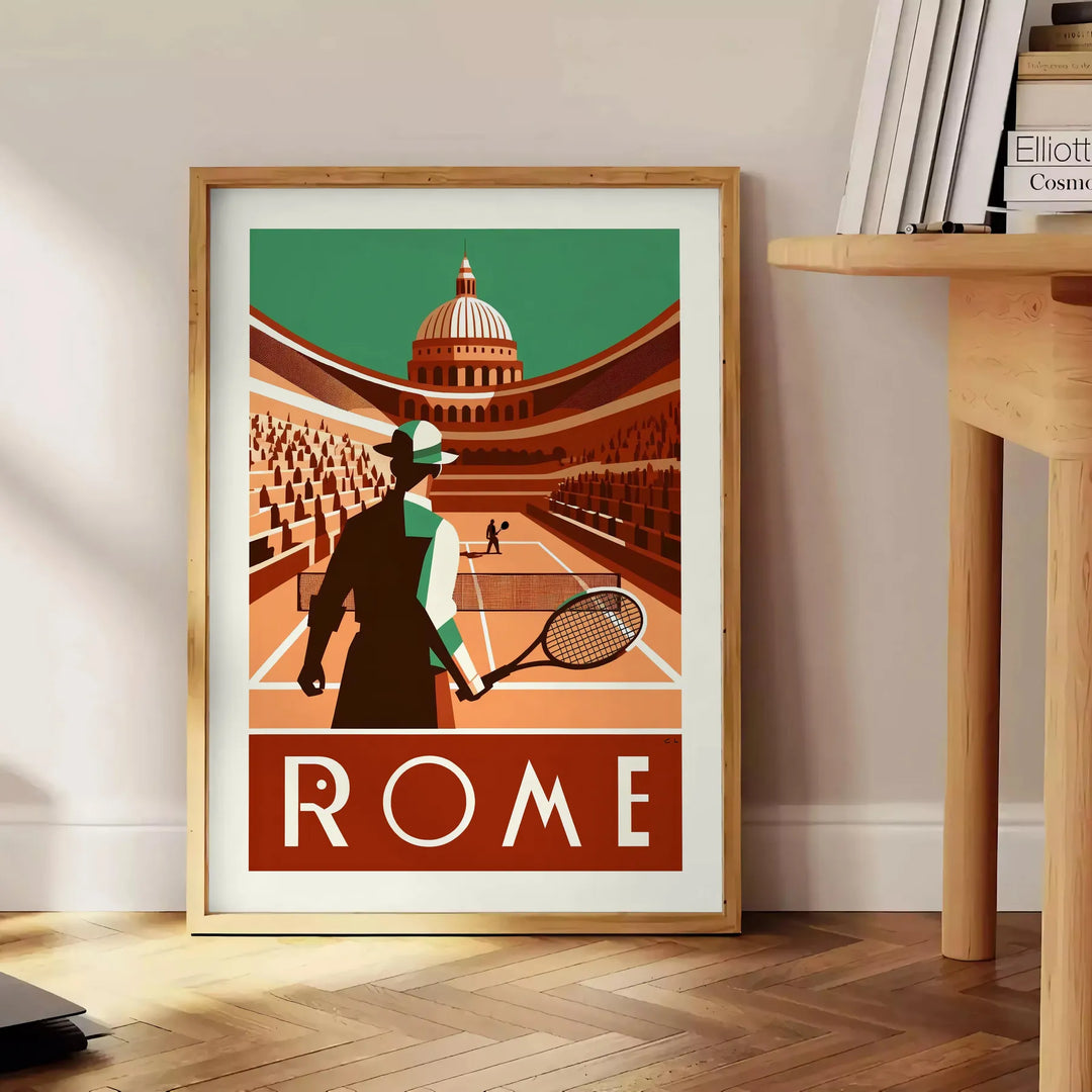 Illustration of tennis players in action at the Roma Tennis tournament - beside a round wooden side table with books