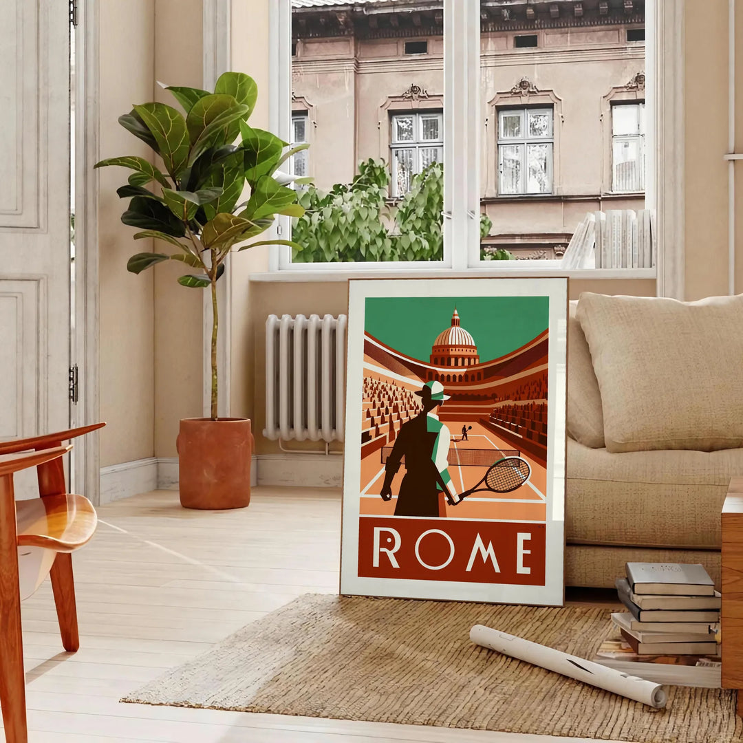 Illustration of tennis players in action at the Roma Tennis tournament - in a Parisian living room with a sofa and a fig plant