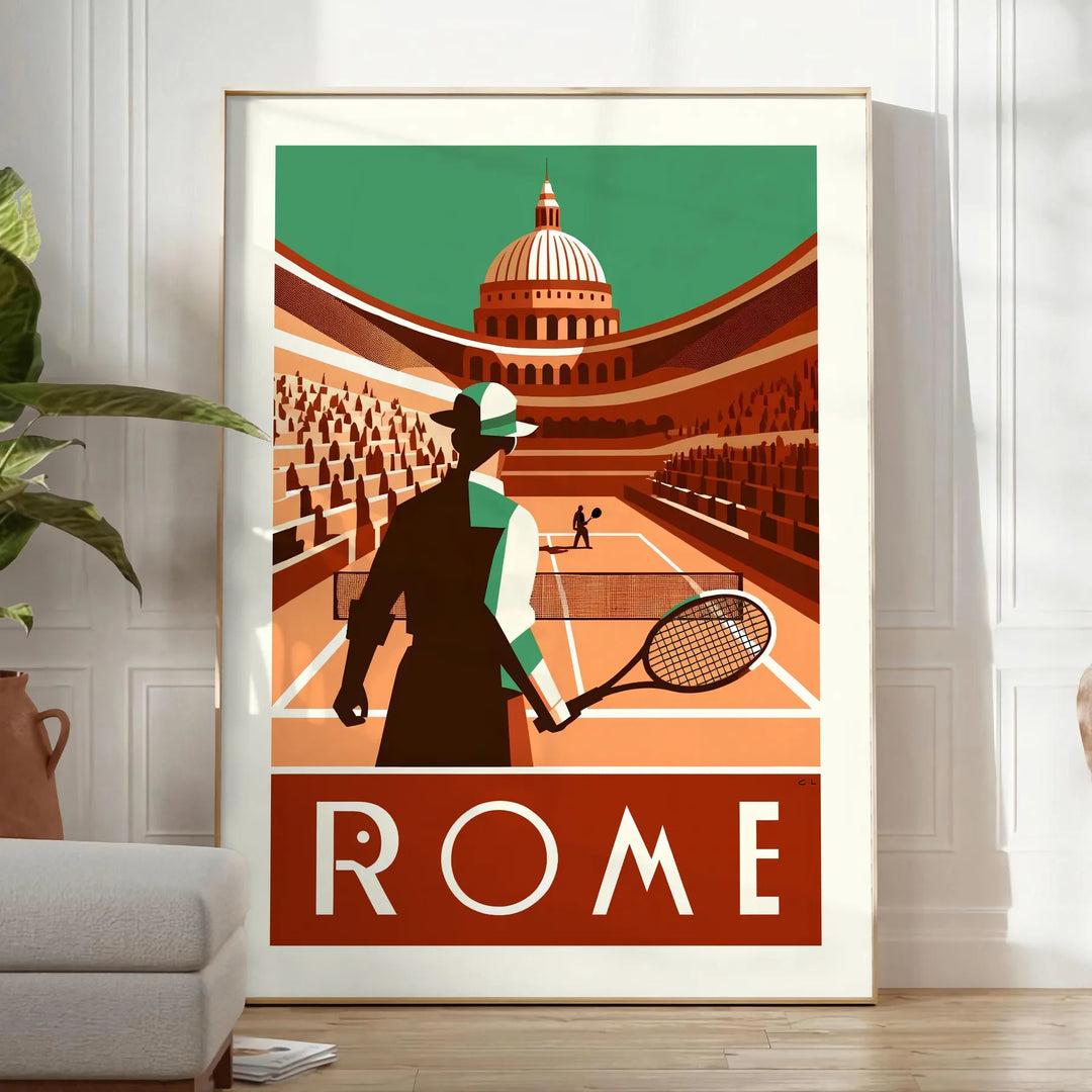 Illustration of tennis players in action at the Roma Tennis tournament - in a bright minimalist room with a plant and an armchair