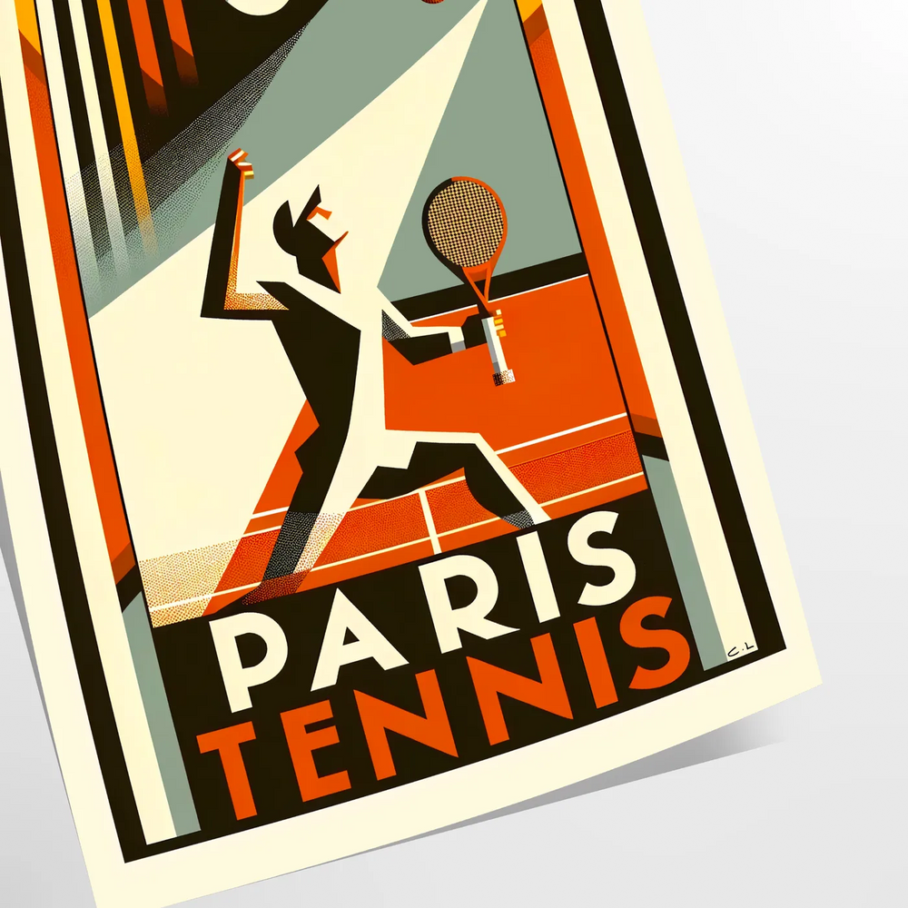 Vintage-style illustration of tennis players at Roland Garros, with Paris skyline in the background