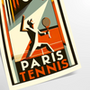 Vintage-style illustration of tennis players at Roland Garros, with Paris skyline in the background - as a rolled, unframed print