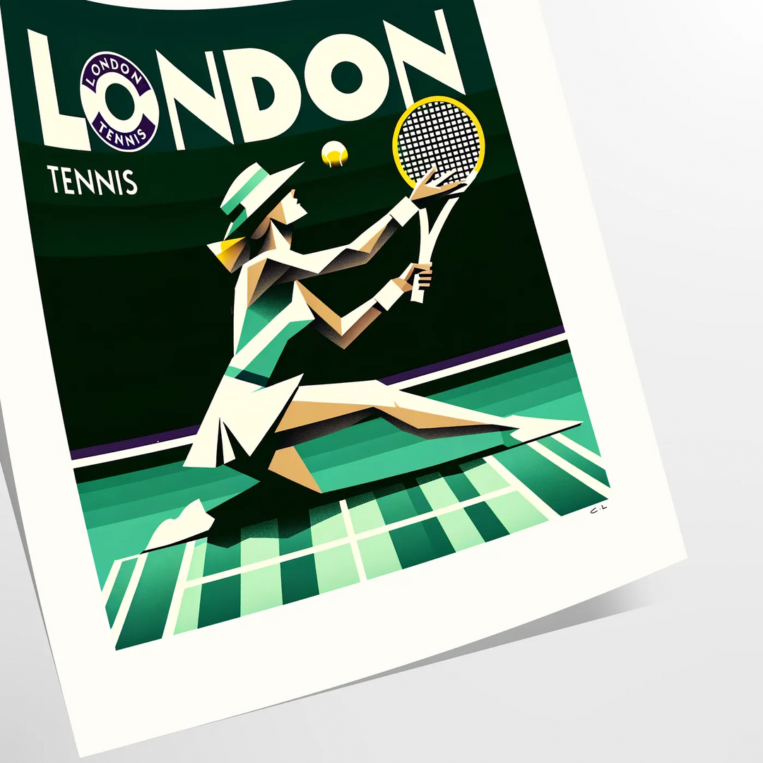 Illustrazione vintage di una donna che gioca a tennis a Wimbledon, con colori tenui - come stampa arrotolata, senza cornice